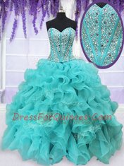 Smart Organza Sweetheart Sleeveless Lace Up Beading and Ruffles Quince Ball Gowns in Aqua Blue