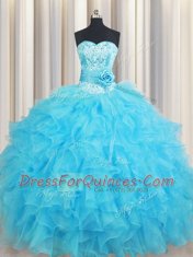 Customized Sleeveless Lace Up Floor Length Beading and Ruffles and Hand Made Flower Sweet 16 Dress