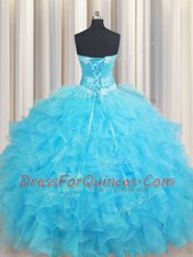 Customized Sleeveless Lace Up Floor Length Beading and Ruffles and Hand Made Flower Sweet 16 Dress