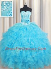Customized Sleeveless Lace Up Floor Length Beading and Ruffles and Hand Made Flower Sweet 16 Dress
