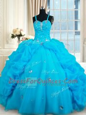 Straps Baby Blue Sleeveless Beading and Pick Ups Floor Length Sweet 16 Dress