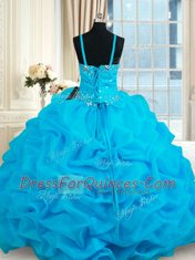 Straps Baby Blue Sleeveless Beading and Pick Ups Floor Length Sweet 16 Dress