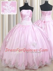 Spectacular Baby Pink Lace Up Strapless Appliques Quince Ball Gowns Taffeta Sleeveless
