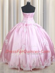 Spectacular Baby Pink Lace Up Strapless Appliques Quince Ball Gowns Taffeta Sleeveless
