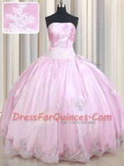 Spectacular Baby Pink Lace Up Strapless Appliques Quince Ball Gowns Taffeta Sleeveless