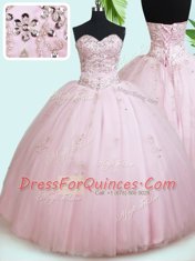 Best Baby Pink Tulle Lace Up Sweetheart Sleeveless Floor Length Quinceanera Gowns Beading