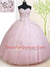 Best Baby Pink Tulle Lace Up Sweetheart Sleeveless Floor Length Quinceanera Gowns Beading