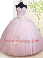 Best Baby Pink Tulle Lace Up Sweetheart Sleeveless Floor Length Quinceanera Gowns Beading