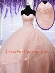 Charming Floor Length Lace Up Quinceanera Dress Baby Pink for Military Ball and Sweet 16 and Quinceanera with Beading and Appliques