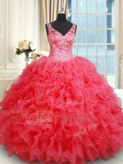 Coral Red V-neck Backless Beading and Ruffles Quinceanera Dress Sleeveless