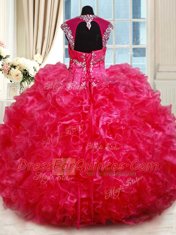 Top Selling Backless Hot Pink Cap Sleeves Beading and Ruffles Floor Length 15th Birthday Dress