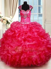 Top Selling Backless Hot Pink Cap Sleeves Beading and Ruffles Floor Length 15th Birthday Dress