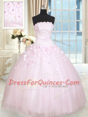 Tulle Strapless Sleeveless Lace Up Beading and Appliques 15th Birthday Dress in Baby Pink