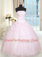 Tulle Strapless Sleeveless Lace Up Beading and Appliques 15th Birthday Dress in Baby Pink