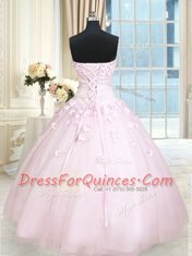 Tulle Strapless Sleeveless Lace Up Beading and Appliques 15th Birthday Dress in Baby Pink