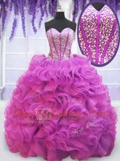 Edgy Purple Ball Gowns Beading and Ruffles 15th Birthday Dress Lace Up Organza Sleeveless