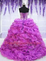 Edgy Purple Ball Gowns Beading and Ruffles 15th Birthday Dress Lace Up Organza Sleeveless