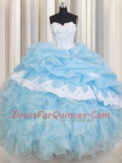 Light Blue Quinceanera Gowns Military Ball and Sweet 16 and Quinceanera and For with Beading and Lace and Ruffles and Pick Ups Sweetheart Sleeveless Lace Up