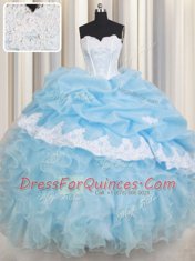 Light Blue Quinceanera Gowns Military Ball and Sweet 16 and Quinceanera and For with Beading and Lace and Ruffles and Pick Ups Sweetheart Sleeveless Lace Up