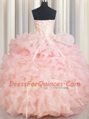 Custom Fit Sleeveless Floor Length Beading and Ruffles Lace Up Sweet 16 Quinceanera Dress with Baby Pink