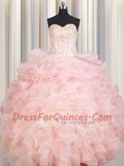 Custom Fit Sleeveless Floor Length Beading and Ruffles Lace Up Sweet 16 Quinceanera Dress with Baby Pink