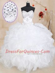 Fine White Organza Lace Up Quinceanera Dresses Sleeveless Floor Length Beading and Ruffles