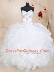 Fine White Organza Lace Up Quinceanera Dresses Sleeveless Floor Length Beading and Ruffles