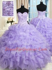 Deluxe Floor Length Lace Up 15th Birthday Dress Lavender for Military Ball and Sweet 16 and Quinceanera with Beading and Ruffles