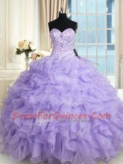 Deluxe Floor Length Lace Up 15th Birthday Dress Lavender for Military Ball and Sweet 16 and Quinceanera with Beading and Ruffles