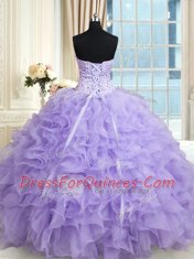 Deluxe Floor Length Lace Up 15th Birthday Dress Lavender for Military Ball and Sweet 16 and Quinceanera with Beading and Ruffles