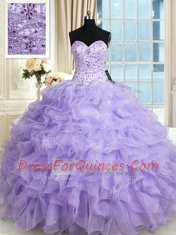 Deluxe Floor Length Lace Up 15th Birthday Dress Lavender for Military Ball and Sweet 16 and Quinceanera with Beading and Ruffles