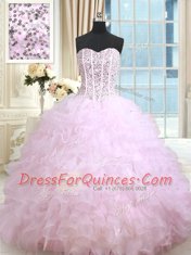 Superior Floor Length Lace Up Ball Gown Prom Dress Lilac for Military Ball and Sweet 16 and Quinceanera with Beading and Ruffles and Ruffled Layers