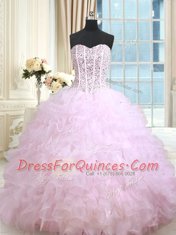 Superior Floor Length Lace Up Ball Gown Prom Dress Lilac for Military Ball and Sweet 16 and Quinceanera with Beading and Ruffles and Ruffled Layers