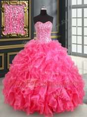 Hot Pink Ball Gowns Sweetheart Sleeveless Organza Floor Length Lace Up Beading and Ruffles and Sequins 15 Quinceanera Dress
