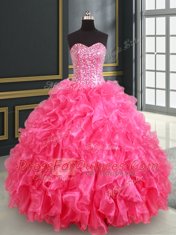 Hot Pink Ball Gowns Sweetheart Sleeveless Organza Floor Length Lace Up Beading and Ruffles and Sequins 15 Quinceanera Dress