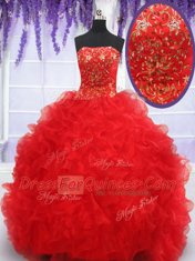 Fabulous Red Sweet 16 Dress Military Ball and Sweet 16 and Quinceanera and For with Beading and Embroidery and Ruffles Strapless Sleeveless Lace Up