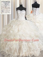 Beading and Lace and Ruffles Ball Gown Prom Dress Champagne Lace Up Sleeveless Floor Length