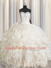 Beading and Lace and Ruffles Ball Gown Prom Dress Champagne Lace Up Sleeveless Floor Length