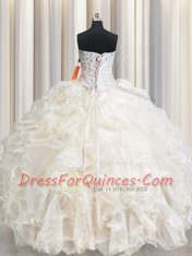 Beading and Lace and Ruffles Ball Gown Prom Dress Champagne Lace Up Sleeveless Floor Length