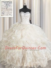 Beading and Lace and Ruffles Ball Gown Prom Dress Champagne Lace Up Sleeveless Floor Length