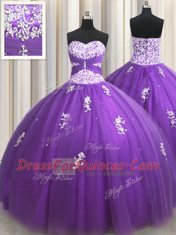 Eggplant Purple Tulle Zipper Ball Gown Prom Dress Sleeveless Floor Length Beading and Appliques