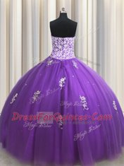 Eggplant Purple Tulle Zipper Ball Gown Prom Dress Sleeveless Floor Length Beading and Appliques