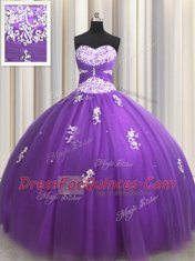 Eggplant Purple Tulle Zipper Ball Gown Prom Dress Sleeveless Floor Length Beading and Appliques