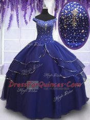 High Quality Off the Shoulder Royal Blue Ball Gowns Beading and Ruffled Layers and Sequins 15 Quinceanera Dress Lace Up Organza Sleeveless Floor Length