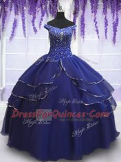 High Quality Off the Shoulder Royal Blue Ball Gowns Beading and Ruffled Layers and Sequins 15 Quinceanera Dress Lace Up Organza Sleeveless Floor Length