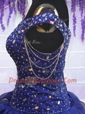 High Quality Off the Shoulder Royal Blue Ball Gowns Beading and Ruffled Layers and Sequins 15 Quinceanera Dress Lace Up Organza Sleeveless Floor Length