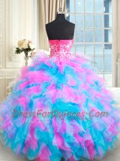 Fantastic Sweetheart Sleeveless Organza Quince Ball Gowns Beading and Ruffles Zipper