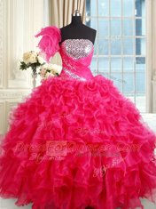 Custom Made Hot Pink Ball Gowns Sequins 15 Quinceanera Dress Lace Up Organza Sleeveless Floor Length