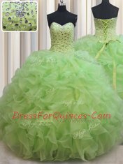 Simple Yellow Green Lace Up Sweetheart Beading and Ruffles Quinceanera Gowns Organza Sleeveless