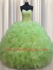 Simple Yellow Green Lace Up Sweetheart Beading and Ruffles Quinceanera Gowns Organza Sleeveless